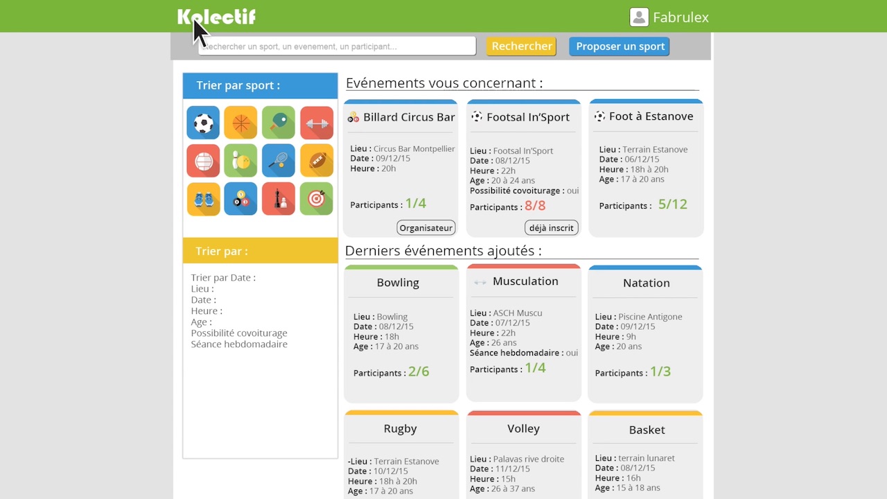 Maquette d'un site de sport colaboratif.